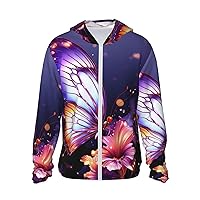 Purple Butterfly Print Sun Protection Hoodie Jacket Full Zip Long Sleeve Sun Shirt With Pockets For Outdoor