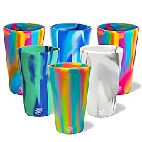 Silipint Silicone Pint Glasses: 6 Pack - Sugar Rush, Headwaters, Mtn. Marble, Artic Sky, 2 Hippie Hops - 16oz, Seasonal, Sustainable