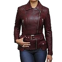 Womens Classic Leather Biker Jacket Genuine Goat Skin (Burgundy, 3XL)