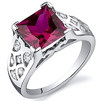 PEORA Created Ruby Ring for Women in Sterling Silver, Vintage Lattice Design, Princess Cut 3.25 Carats total, Comfort Fit, Sizes 5 to 9