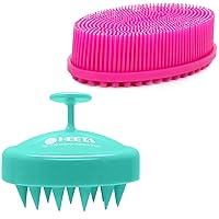 HEETA Hair Scalp Massager & Body Brush, Scalp Scrubber with Soft Silicone Bristles for Hair Growth & Dandruff Removal Silicone Body Scrubber for Gentle Exfoliating on Softer Glowing Skin, Green & Rose