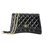 Quilted Shoulder Bag for Women with Golden Chain Strap and Curvilinear Base, Classic Black PU Leather Quilted Crossbody Handbag Purse, Black