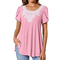 CATHY Womens Short Sleeve Casual Tunic Tops Lace Crochet Summer T-Shirts Loose Flared Tee Blouses