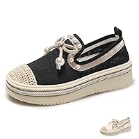 Women's Lace Mesh Platform Loafers Fashion Bow Tie Pearl Decor Comfortable Slip-On Sneakers Summer Breathable Casual Walking Shoes