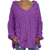Women's Oversized Hooded Chunky Cable Sweaters V Neck Long Sleeve Knit Pullover Tops Casual Loose Tunic Hoodies