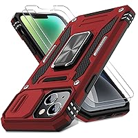 DEERLAMN for iPhone 13 Case, iPhone 14 Case with Slide Camera Cover + Screen Protector (2 Packs), Rotated Ring Kickstand Military Grade Shockproof Protective Cover-Red