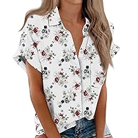 Club Short Sleeve Classic T Shirts Ladies Flowy Summer Polyester Print Tunic Female Slim Fit V Neck Button Red M