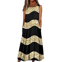 Cute Summer Dresses for Women, Casual Print Sleeveless Crewneck Work Party A-Line Swing Dress with Dress (3XL, Black)