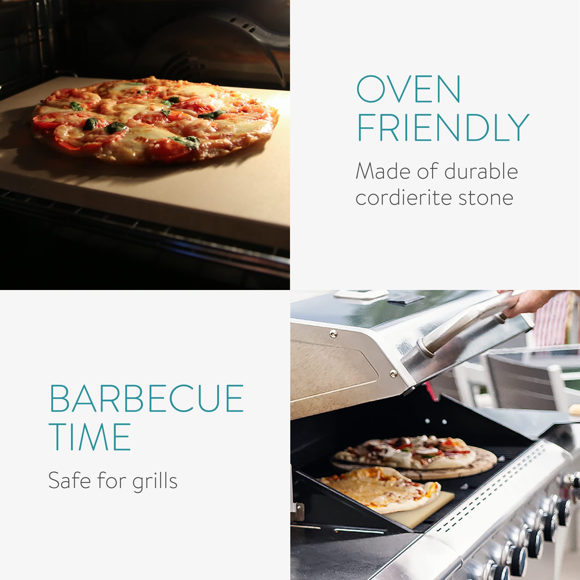 Navaris XL Pizza Stone for Baking - Cordierite Pizza Stone Plate for BBQ Grill Oven - Cook or Serve - Incl. Recipe Book - Rectangular, 15 x 12 x 0.6in