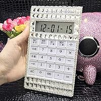 Stylish Bling Rhinestone Crystal Dazzling 12 Digit Solar and Battery Dual Power Large LCD Display Standard Desktop Calculator for Home and Office Gifts (Silver)