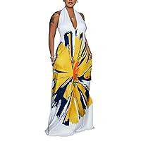 Womens Sexy Summer Dresses Halter Neck Plus Size Long Maxi Dress Casual Floral Beach Sun Dresses with Pockets