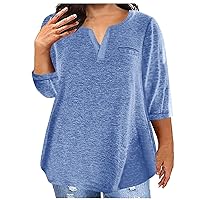 Plus Size Tops for Women Sexy V Neck Solid Blouses Casual Loose Summer 3/4 Sleeve T Shirts Trendy Flowy Tunic Tops