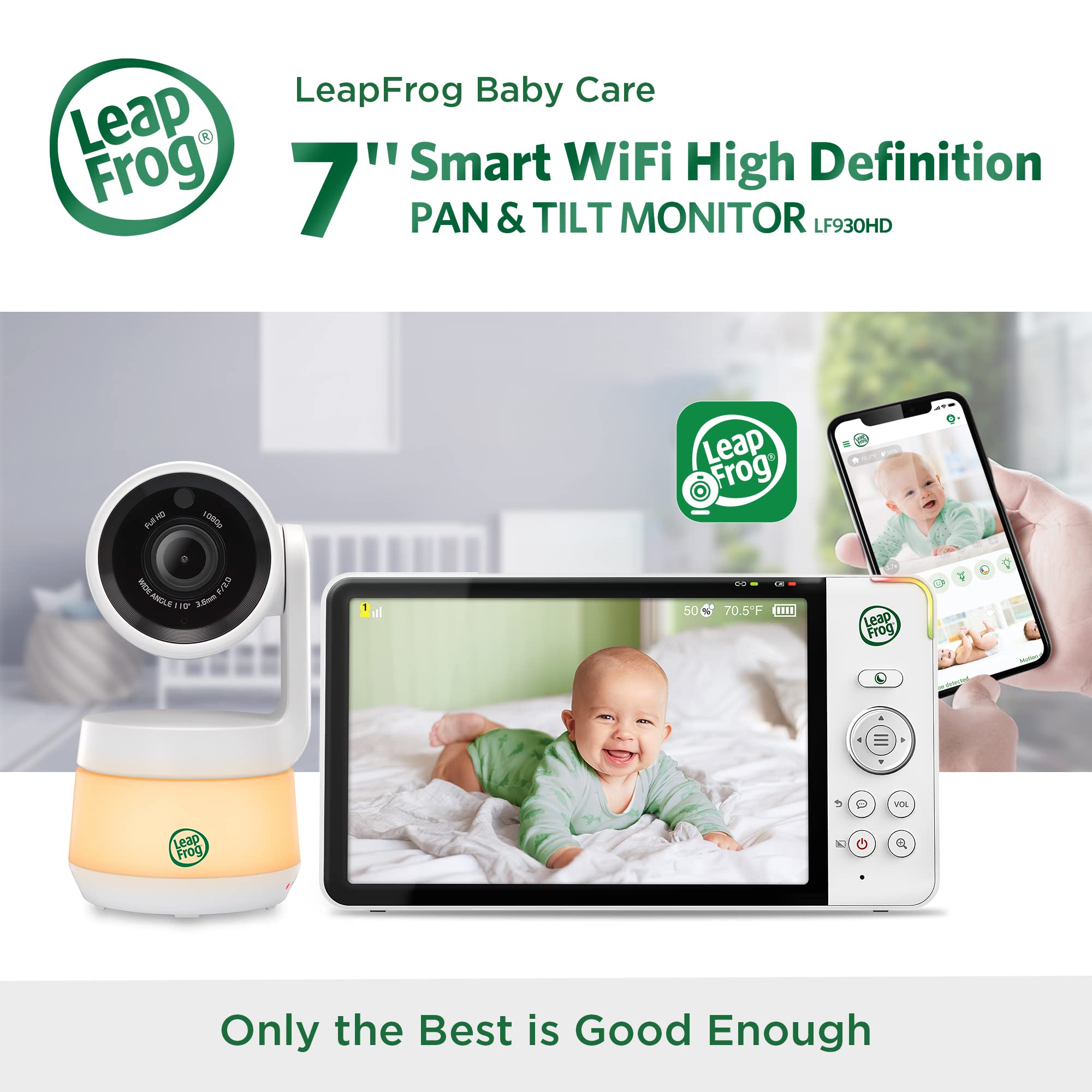 LeapFrog LF930HD 1080p Smart WiFi Remote Access Baby Monitor, 360° Pan & Tilt, 7” 720p HD Display, Color Night Light, Color Night Vision, Two-Way Intercom, Smart Sensors