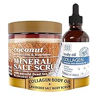Dead Sea Collection Body Oil with Collagen (4 fl.oz) Coconut Salt Body Scrub - Large (23.28 oz) Bundle