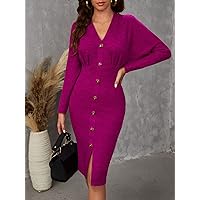 Dresses for Women Batwing Sleeve Button Through Split Hem Bodycon Dress (Color : Red Violet, Size : Medium)