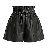 Women Edgy Faux Leather Pants Drawstring High Waist Slim Comfy Solid Black Club Stretch PU Leather Shorts
