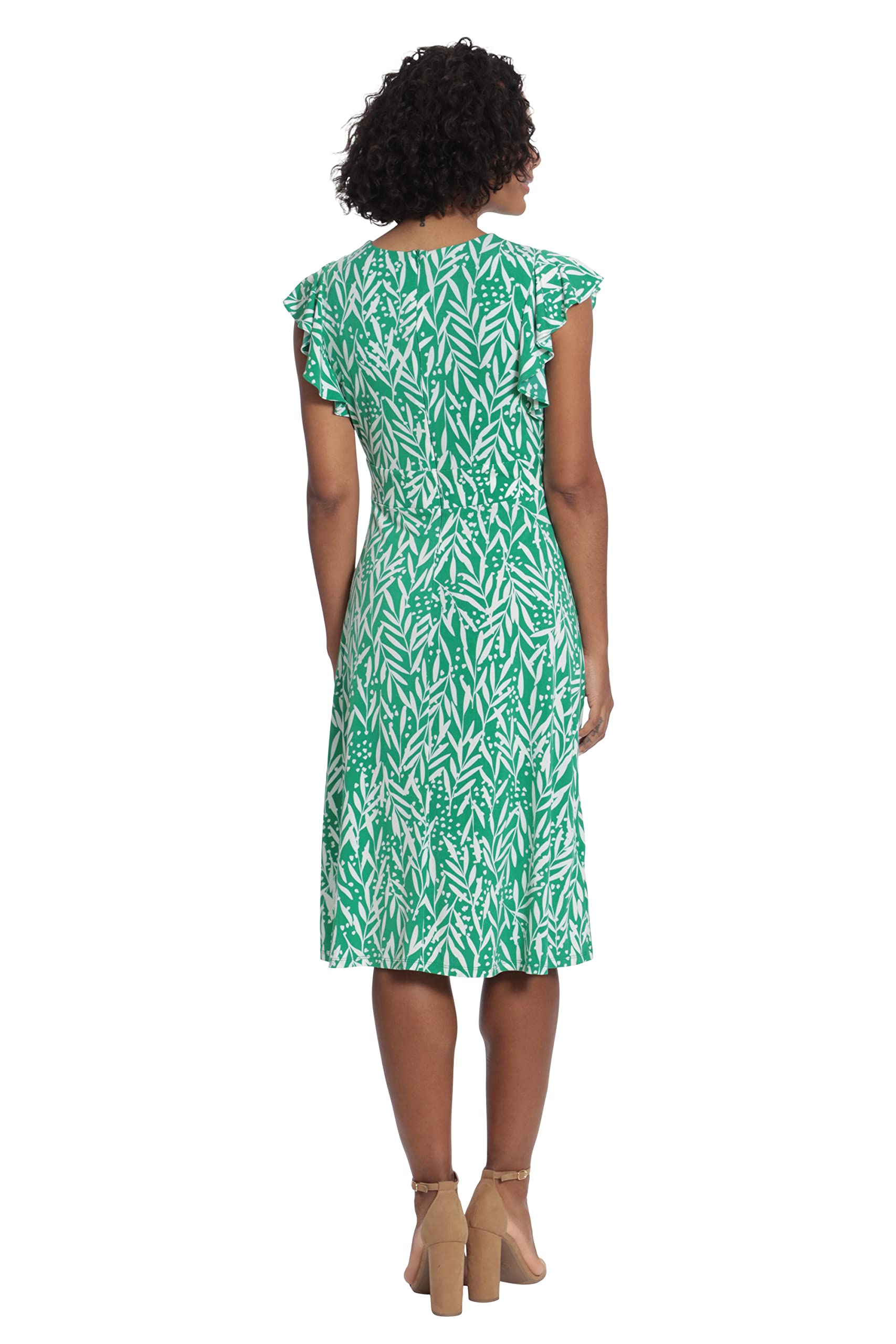 London Times Women's Leaf Print V-Neck Ruffle Sleeve Dress