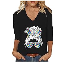 Autism Mom Messy Bun Graphic T-Shirts Women Mothers Day Autism Mom Shirts Summer 3/4 Sleeve V Neck Pullover Tops