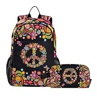 ALAZA Hippie Peace Symbol Paisley Flowers Backpack and Lunch Bag Set Back Pack Bookbag Cooler Case Kits