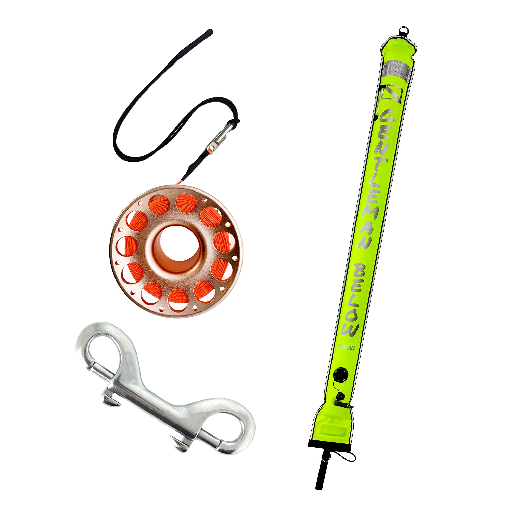 YOMADE Delayed Surface Marker Buoy (DSMB) Kit, Gentleman Below Reflective Logo, Fluorescent Yellow, 5 ft/1.5 m Long with 98 ft/30 m Champagne Gold Aluminum Alloy Finger Spool
