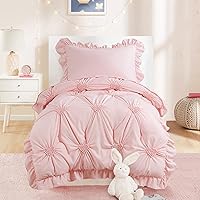 4 Pieces Pink Princess Toddler Bedding Set for Girls Kids, Ultra Soft Blush Pinch Pleat Comforter Set with Ruffles for All Season