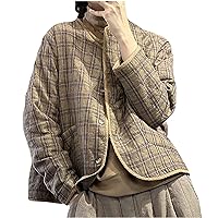 Quilted Jackets for Women Lightweight 2023 Fall Fashion Plaid Button Down Cropped Jacket with Pocket Loose Fit Coat Outerwear