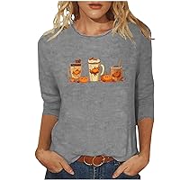 Halloween Shirts for Women 3/4 Sleeve Tops Womens Pumpkin Coffee Round Neck T-Shirts Plus Size Thanksgiving Blouses