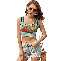 Womens Square Neck Tank Tops Green Wavy Stripe Workout Tops Cropped Summer Sleeveless Shirts