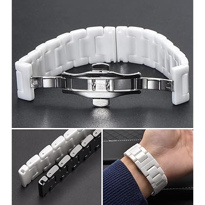 Nice Pies Ceramic Watch Band Universal strap with Quick Release Pins Butterfly Buckle Deployment Clasp Bracelet 14mm 16mm 18mm 20mm 22mm White Black