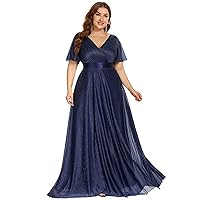 Ever-Pretty Plus Women's Plus Size V-Neck Long Shimmery Flutter Sleeve Pleated Evening Dress 50159
