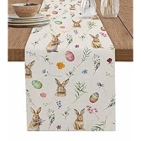 Spring Easter Rustic Table Runner 70 Inches Long for Dining Table, Washable Cotton Linen Farmhouse Table Runners Dresser Scarf for Kitchen Party Holiday Cute Rabbits Watercolor Flower Plant