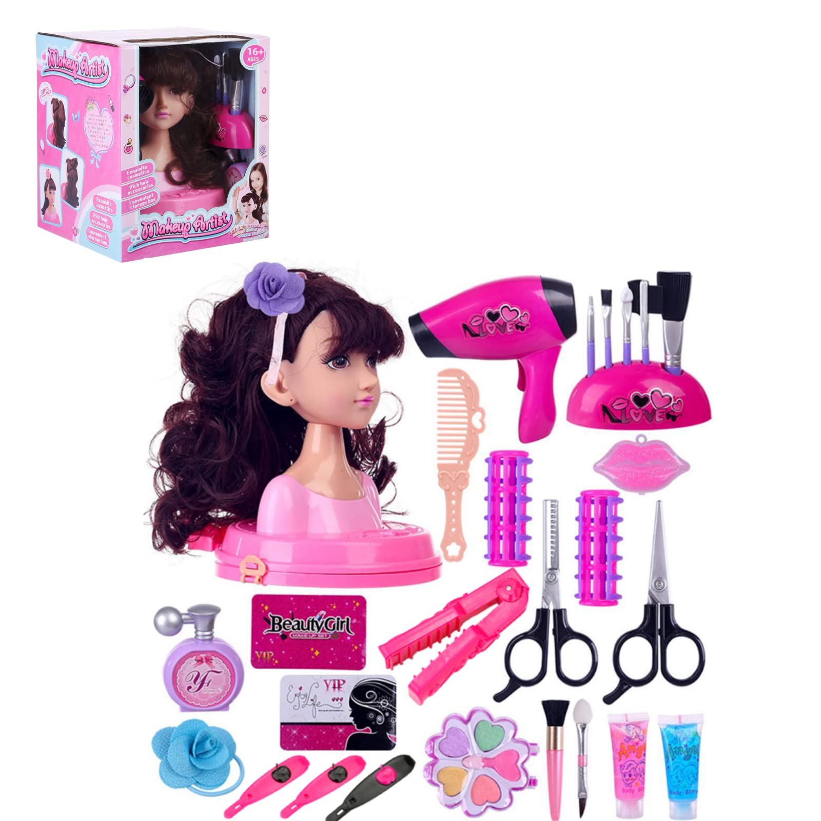 Topoo Styling Head Doll for Girls, Makeup Hairstyle Pretend Play Set with Styling Accessories for Kids Type C