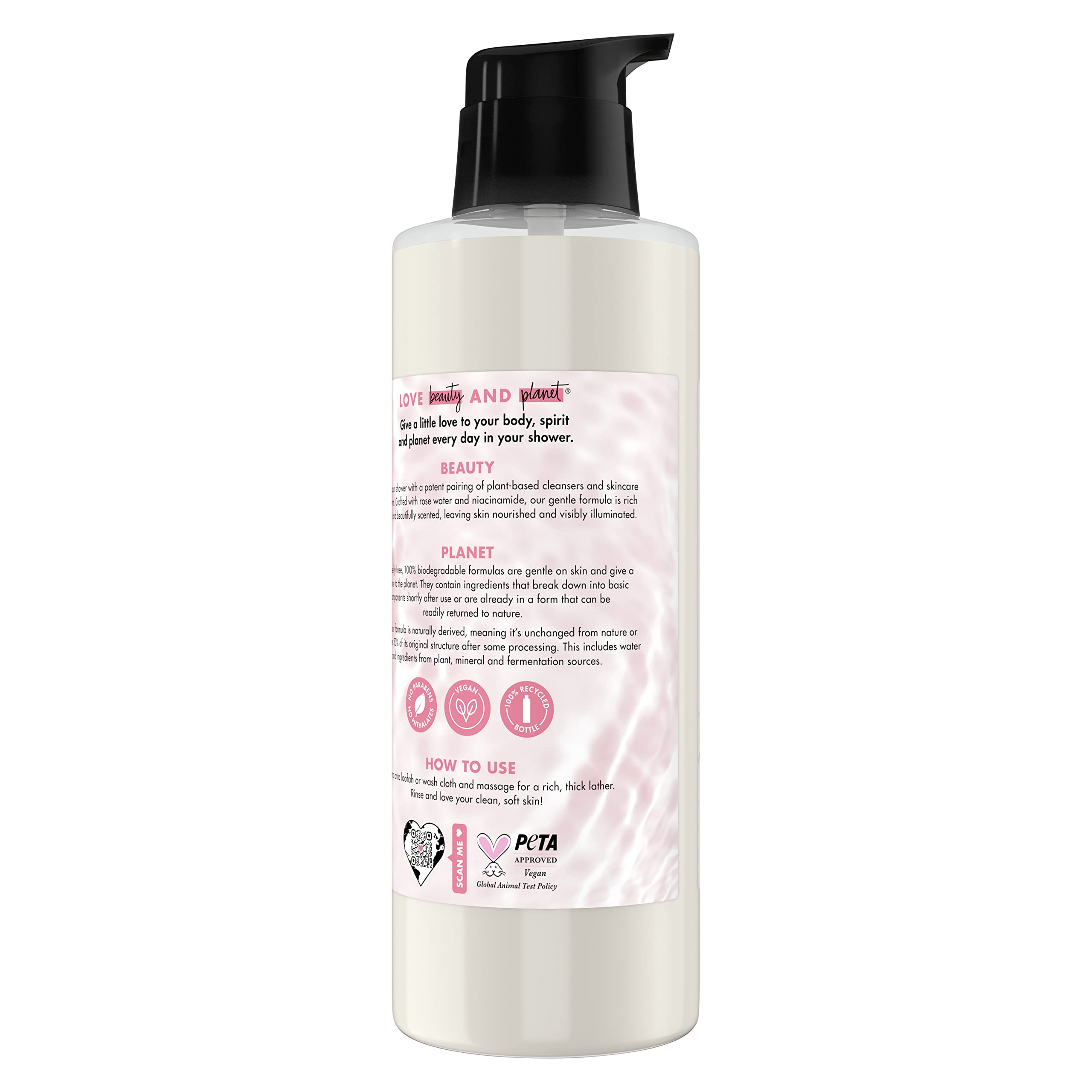 Love Beauty And Planet Plant-Based Body Wash Nourish and Illuminate Skin Rose Water and Niacinamide Made with Plant-Based Cleansers and Skin Care Ingredients 32.3 fl oz
