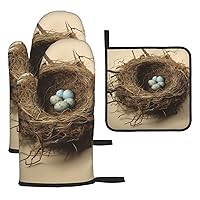 3 Pcs Oven Mitts Pot Holders Set Heat Resistant Waterproof Kitchen Oven Glove with Pot Holders Birds Nest Non Slip Cooking Gloves for Baking Cooking Grilling BBQ