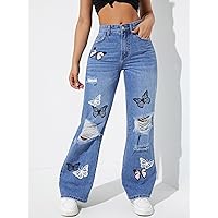 Butterfly Print Ripped Straight Leg Jeans (Color : Medium Wash, Size : Large)