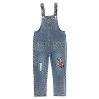 Peacolate 5-10years Little Big Girls Star Embroidery Blue Denim Overalls