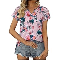 Trendy Ruched Short Sleeve Flower Print Tops for Women Summer V-Neck Split Side Hem Casual Dressy T-Shirts for Daily