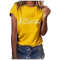 Love Heart Dog Paw Heartbeat Print Graphic Tees for Women Funny Cute Dog Lover Short Sleeve Tshirts Shirts Casual Tops
