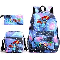3 Piece Star Printed Teen Cartoon Backpack 3D Printing Schoolbag Set 16 Inch Blue Comic Cute Shoulder Bag (Starry sky 2#)