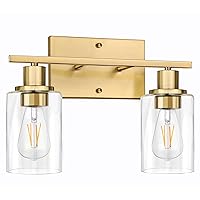 ShineTech 2-Light Gold Bathroom Vanity Light Fixtures, Modern Wall Lighting with Clear Glass, Brushed Brass Wall Sconce Light for Mirror, Living Room