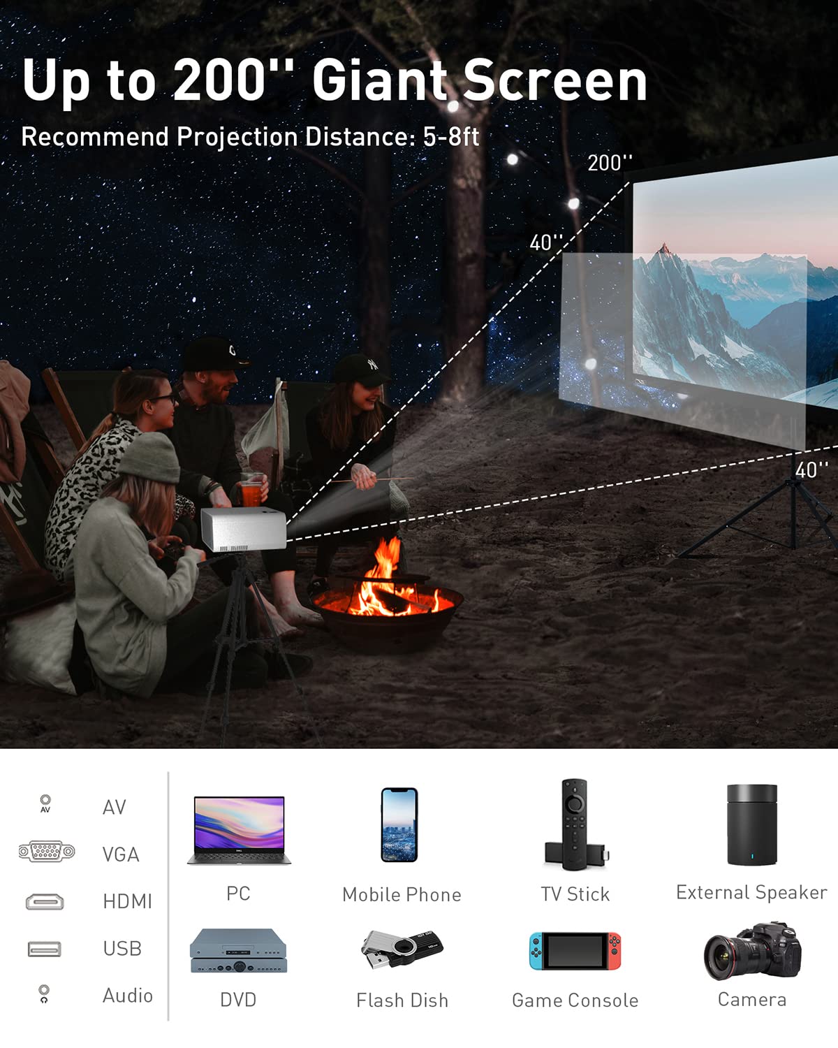 Mini Projector, Portable WiFi Movie Projector for Outdoor Use, 8000L 1080P HD and 200'' Screen Supported, with Great Sound Quality for Home Theater Video, Compatible with iPhone/iOS/Android/HDMI/TV