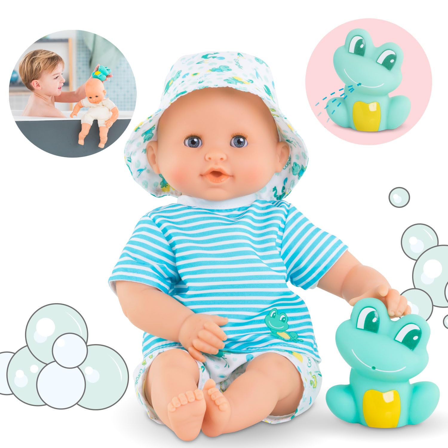Corolle Bebe Bath Marin - 12” Boy Baby Doll with Rubber Frog Toy, Safe for Water Play in The Bathtub or Pool, Poseable Soft Body with Vanilla Scent, for Kids Ages 18 Months and Up, Aqua