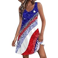 4th of July Dress Women Summer Dresses 2024 Casual Sleeveless V Neck Red White Blue Print Tank Loose Sundress with Pocket