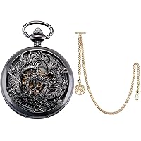 SIBOSUN Mechanical Pocket Watches Mens Lucky Phoenix and Dragon Skeleton Pocket Watch Black Antique Roman Numerals Box with Antique Life Tree Pendant Design Charm Fob T-Bar Chain Gold