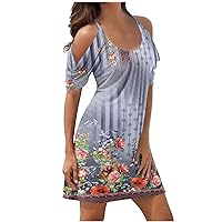 Crewneck Dresses for Juniors Summer Fall Short Sleeve Cold Shoulder Floral Beach Hawaiian Dresses Women 2024