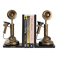 A Pair Handmade Bookends for Shelves, Non-Skid Bookend, with Brass Vintage Phone & Landline Telephone Dummy Gift for Son Daughter