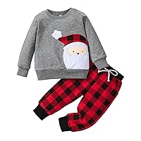 christmas fancy dress outfits Crewneck Long Sleeve Santa Top And Plaid Pants Clothes Set For Boys Or Girls