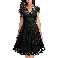 Women's Lace Dress,Waisted V Neck Dresses Knee Length Party Dress,Slim Bridesmaid Cocktail Wedding Dress-Black Small