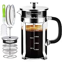 French Press Coffee Maker 304 Stainless Steel Coffee Press,with 4 Filters System, Heat Resistant Thickness Borosilicate French Press Glass, BPA-Free Brewed Tea Pot Coffee Plunger