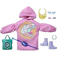 Clothing & Accessories Inspired by Jurassic World with 9 Storytelling Pieces for Barbie Dolls: Sweatshirt Dress with Dinosaur Graphic, Purple Boots, Fanny Pack, Heart-Shaped Sunglasses, 3-8Y